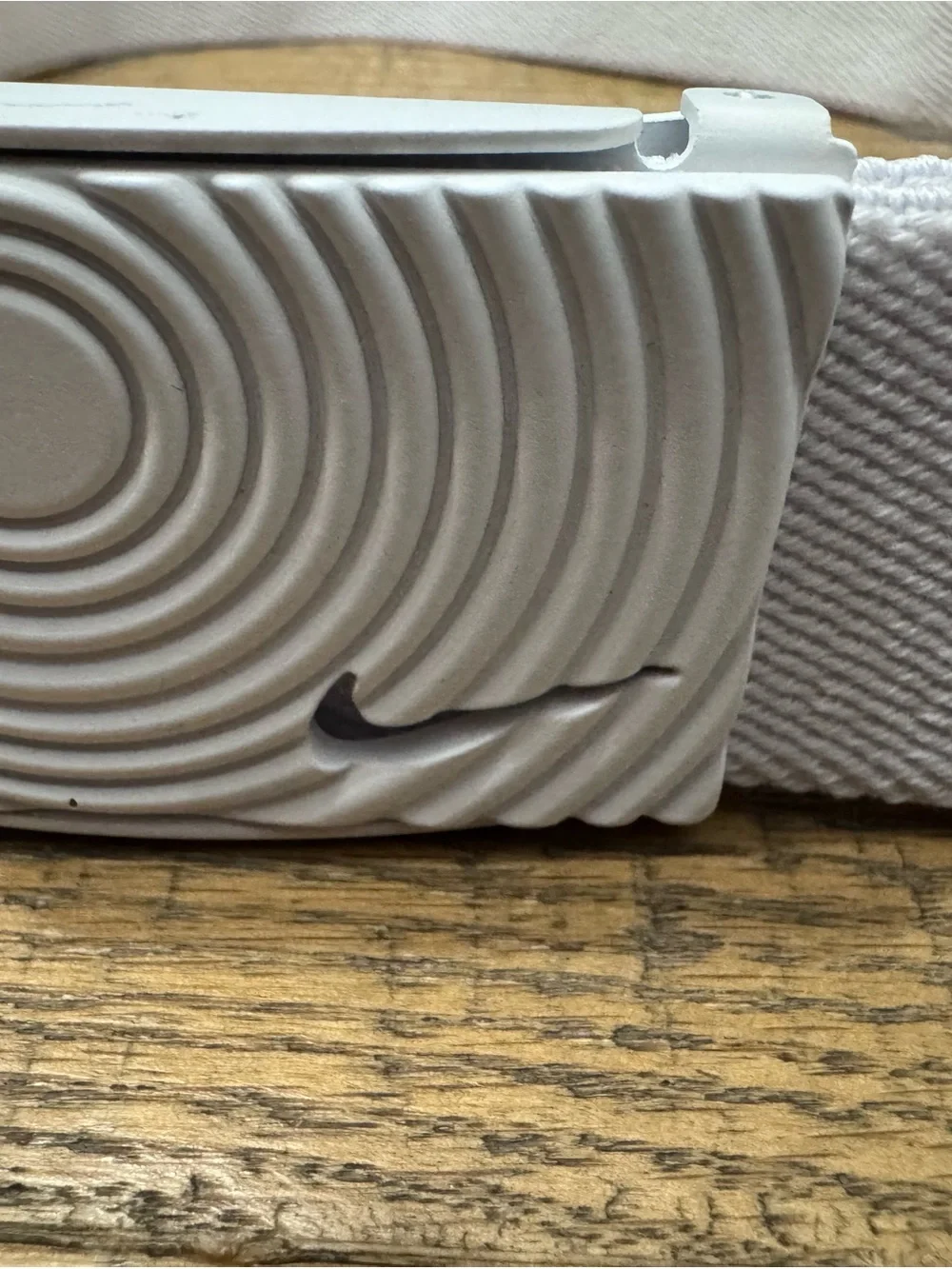 Nike White Webbing Belt with Silver-Tone Buckle and Swoosh